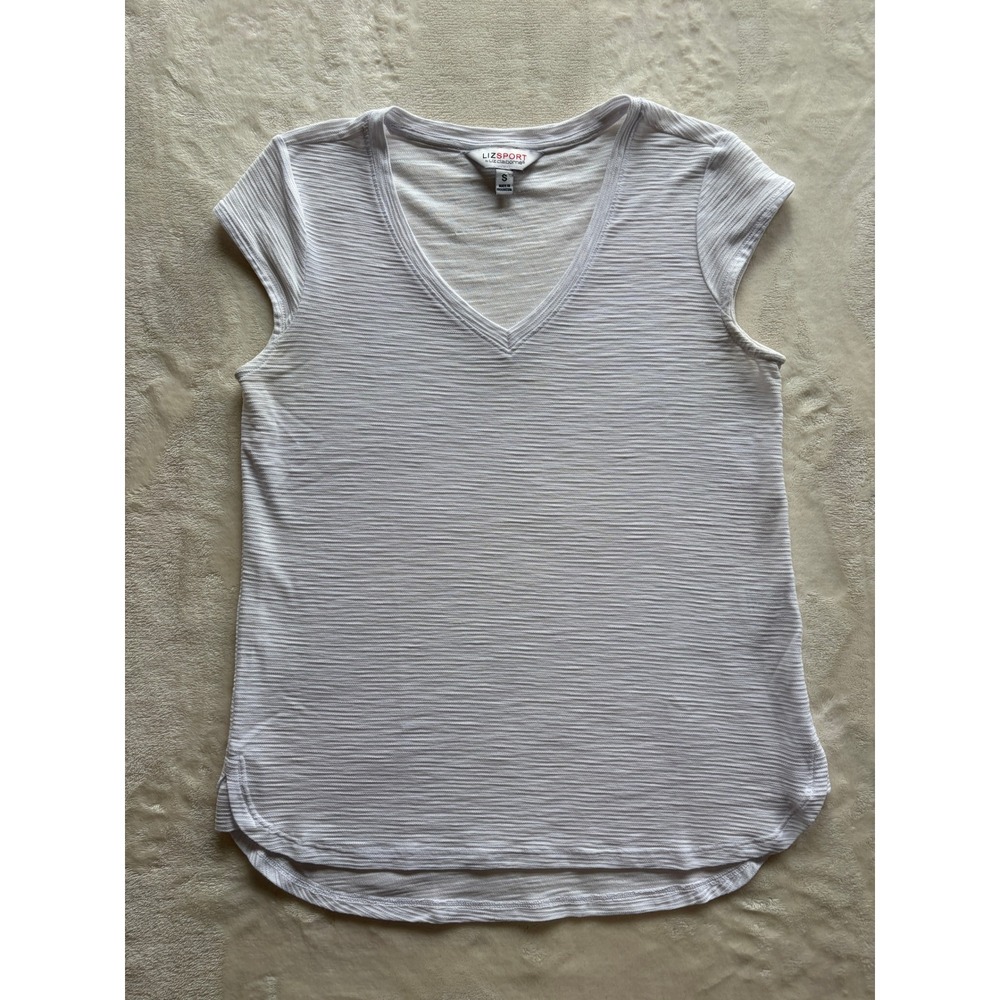 LizSport White Textured V-Neck Cap Sleeve Top Womens Small Excellent